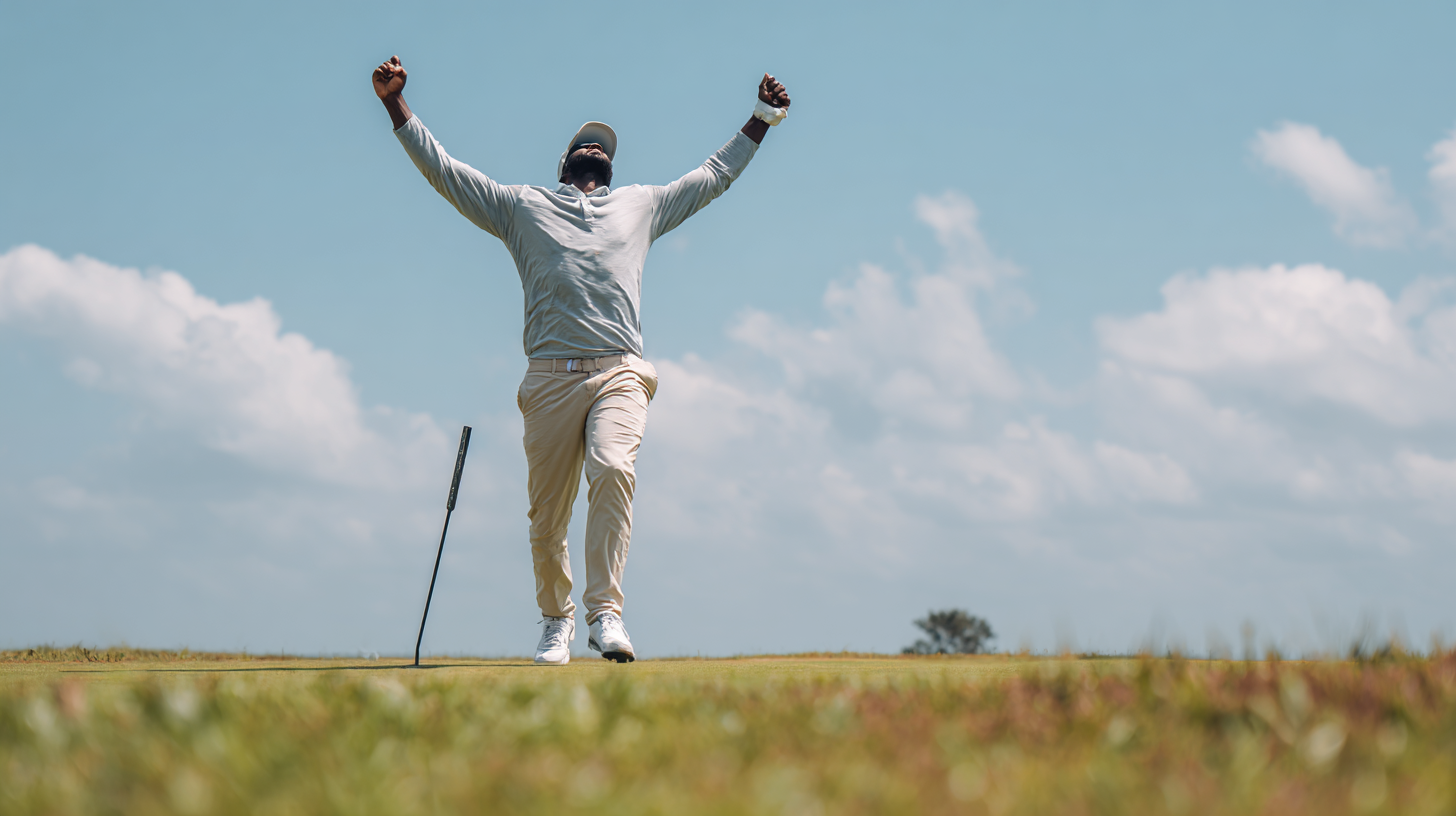 A golfer celebrating a successful shot after winning the hole-in-one competition